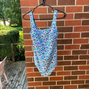 Vintage Blue & Green Floral One-piece Swimsuit